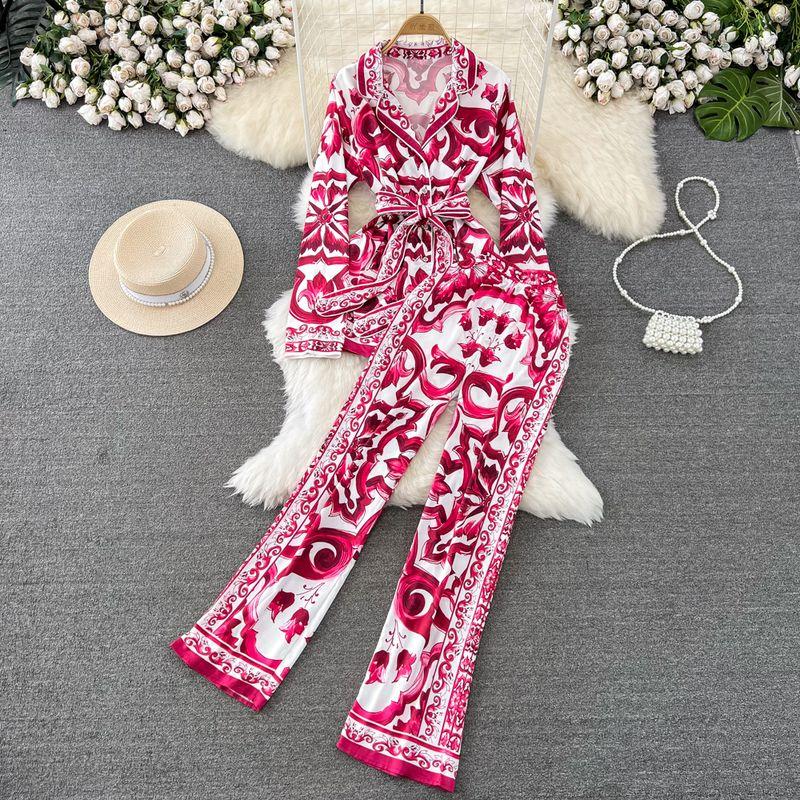 

Temperament Long Sleeve Celadon High Waist Loose Pants Fashion Suit Red M