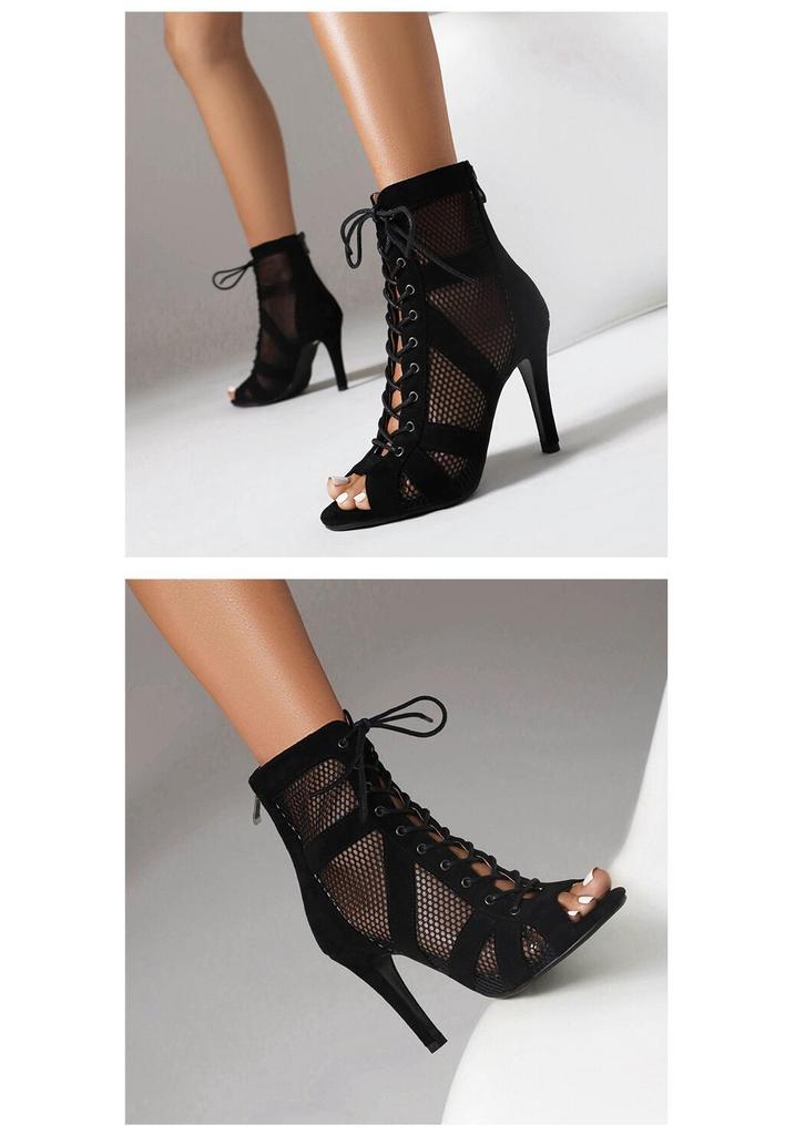 Dames Kant-up Mesh Hoge Hak Jazz Laarzen - Hol Ontwerp en Peep-Toe Dansschoenen, Ook Verkrijgbaar in Grote Maten.