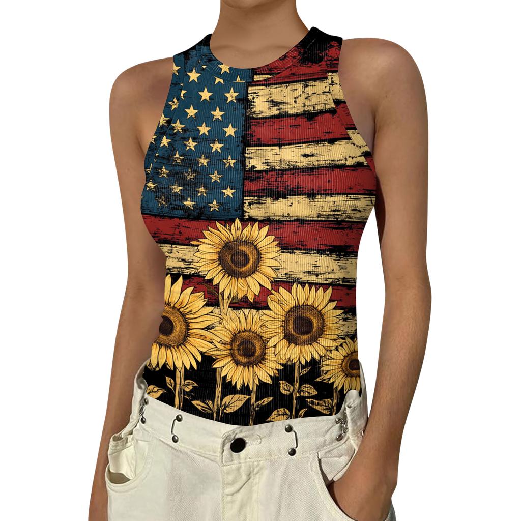 Women's Fashion Round Neck Independence Day Print Sleeveless Vest Top