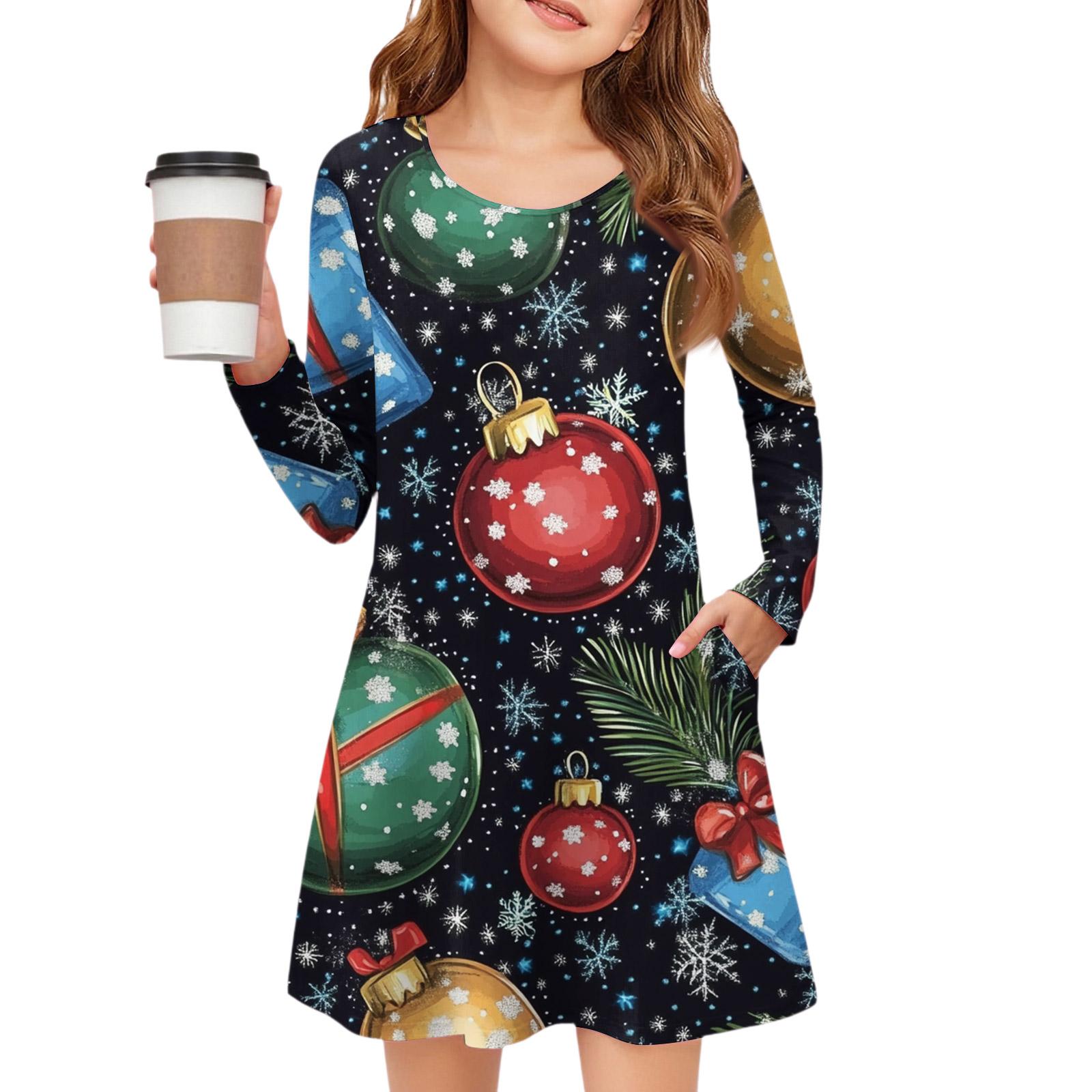 

Рождественское платье с длинным рукавом для девочек - Платье с цветным карманом 150