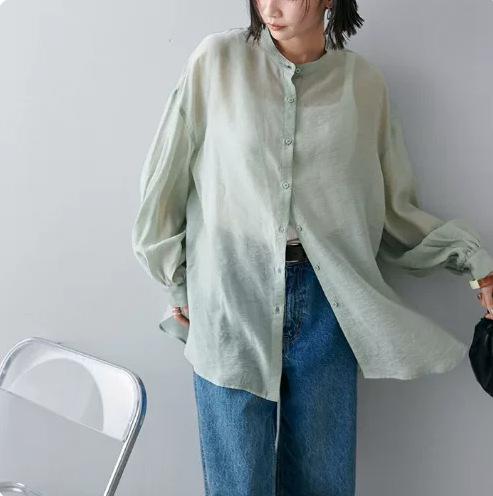 Day single spring and summer commute leisure vacation style loose and thin large size perspective long-sleeved shirt solid color shirt women