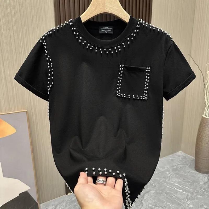 Camiseta Blanca de Mujer con Cuello Redondo y Detalle de Remaches, Top Casual Holgado de Manga Corta con Bolsillo