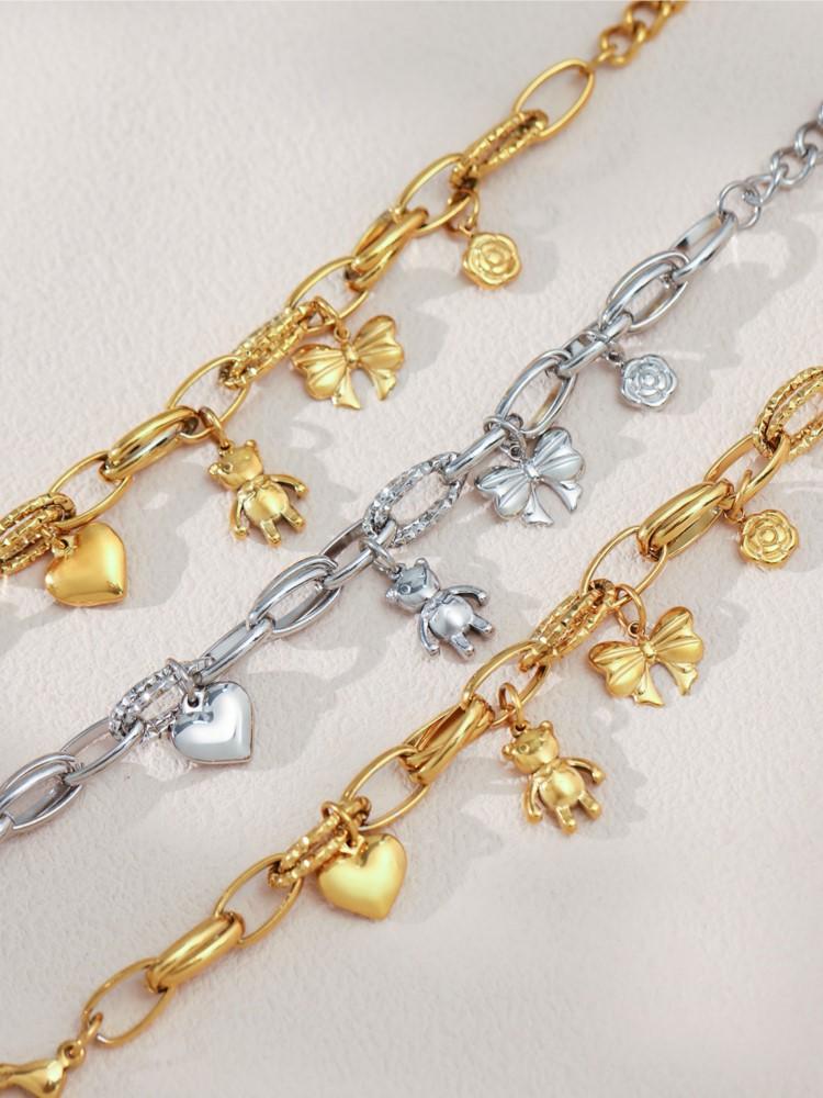 Stainless Steel Chain Bracelet For Women 18k Gold Plated Waterproof Non Tarnish Women's Heart Bear Flower Bow Charms Bracelets
