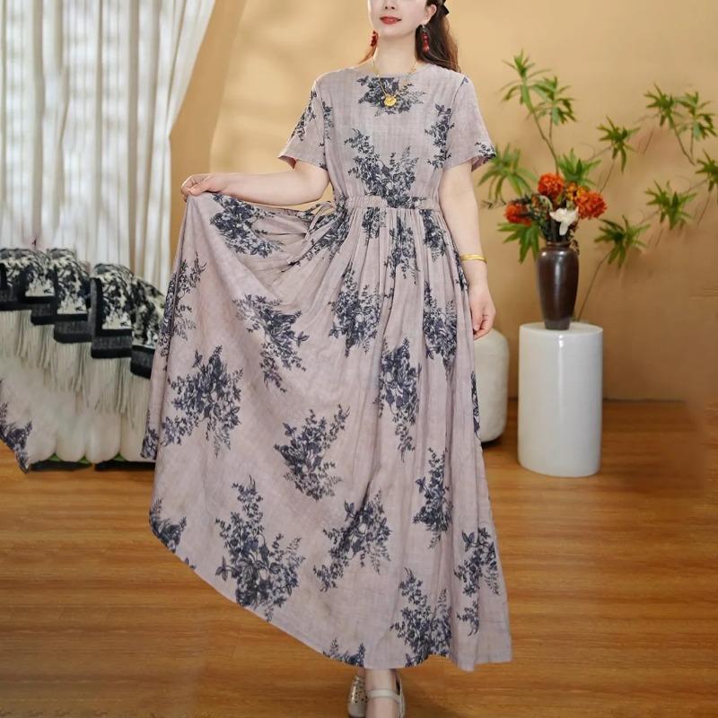 

Women Floral Print Short Sleeve Elastic Waist Maxi Dress L бежевый