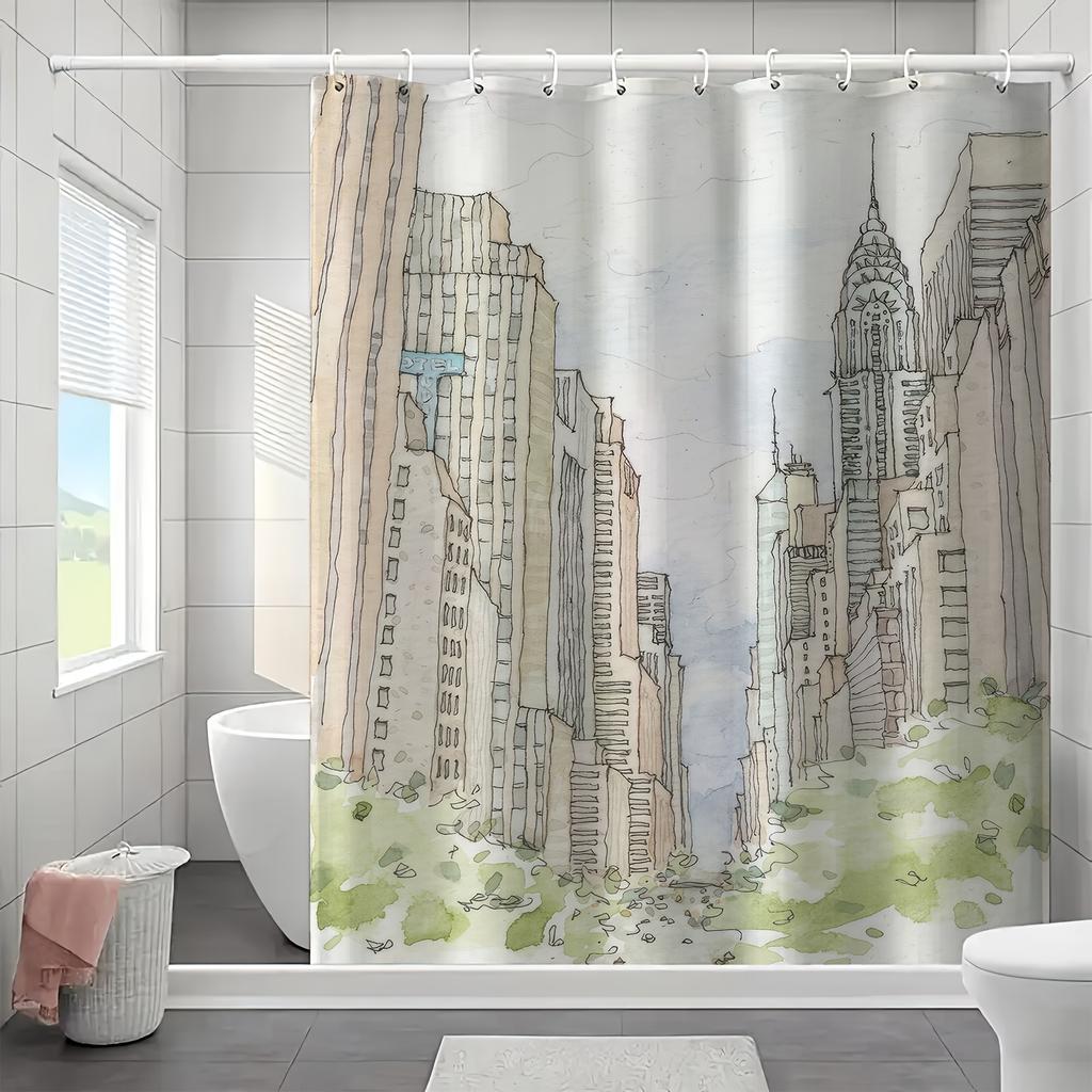 Vintage Urban Cityscape Bath Curtain - Modern Skyline & Greenery Design, Polyester, Machine Washable, Includes Hooks