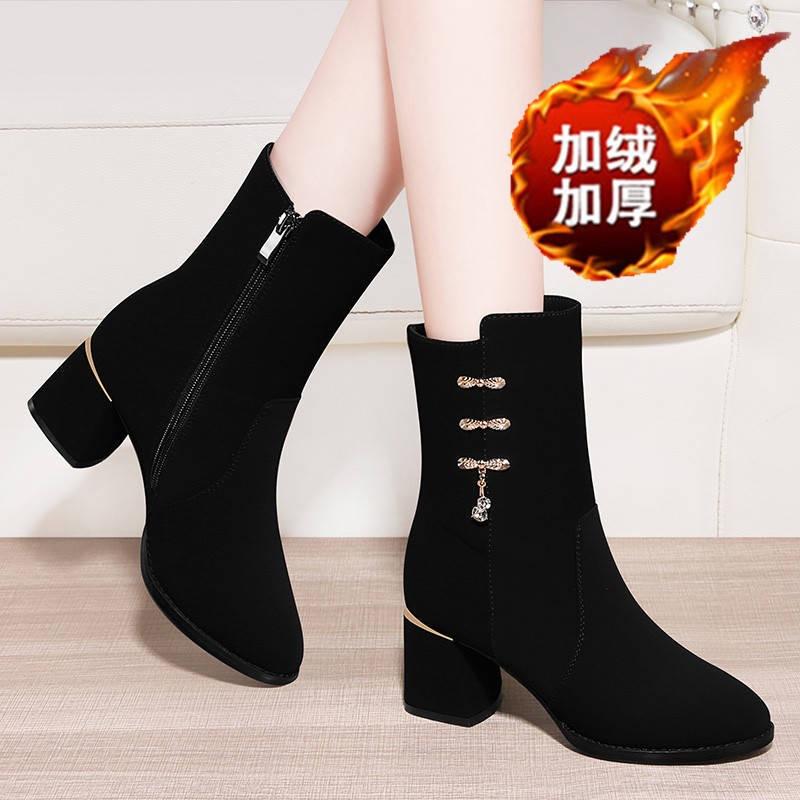 2025 New Martin Boots Velvet Cotton Shoes Autumn and Winter Mid-heel Coarse Heel Matte Snow Boots Short High Heel Mid-boots Women