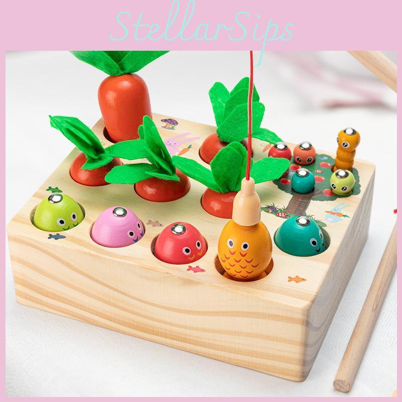 Pulling Wooden Carrot Fishing Insect Catching Toy For Cognitive Playtime Growth