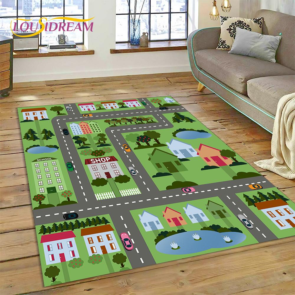3D City Traffic Road Map Child PlayMat Highway Playroom Area Rug,Carpet Rug for Living Room Bedroom Sofa Doormat, Non-slip Gift