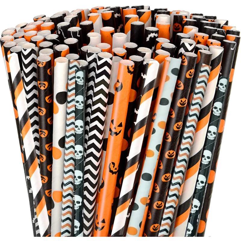 25pcs Halloween Theme Disposable Paper Straws Spider Skull Pumpkin Bat Pattern Happy Halloween Party Decor Supplies