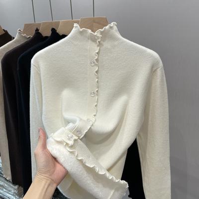Autumn Winter New Plush Pullover Women's Cardigan Fashion Ruffled Half High Collar Base Sweaters Women Long Sleeve Casual Fleece Lady Cardigans 25223