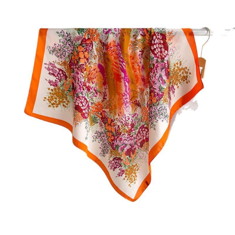 Korean Version Of Colorful Flower Print Silk Scarf Square Scarf High-End Shawl Versatile Neck Small Square Scarf Headscarf