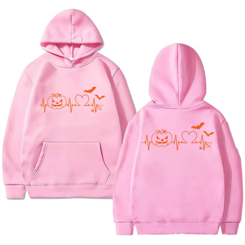 Hot Sale New Halloween Pumpkin Heartbeat Double Sided Print Hoodie Unisex Vintage Hip Hop Streetwear Men Women Fleece Pullovers