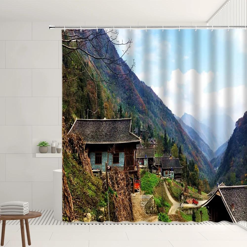 Farm Scenery Shower Curtain Old Retro Farmhouse Green Bamboo Forest Tree Autumn View Garden Decor Wall Covering Bathroom Screens