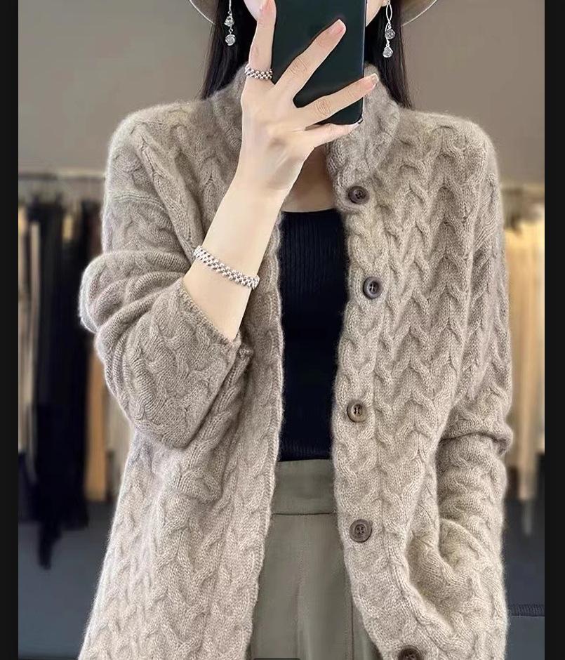 

Женский кардиган свитер крупной кабельной вязки со стойкой - Европейский стиль, Длинный рукав, Свободный крой, Однотонный, Шерсть XXL