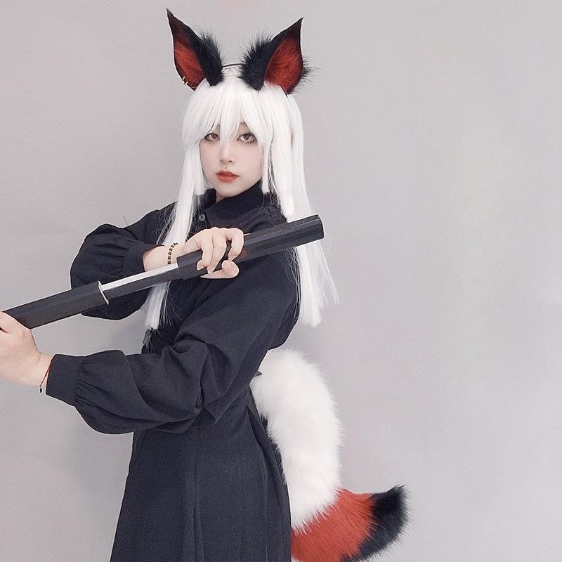 El Yapımı Tüylü Tilki Kuyruğu Kulakları Kawaii Kurt Köpek Kuyruğu Cosplay Aksesuarları Parti Kuyruğu Cosplay Beyaz Tibet Aksesuarları Performans Aksesuarları