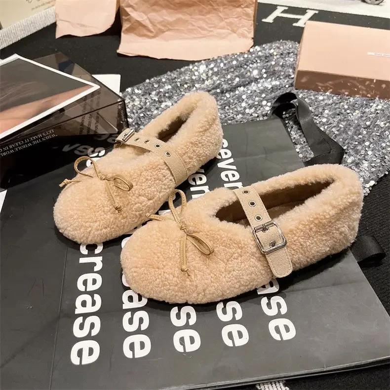 Fashion Autumn Winter Woman Shoe Real Wool Bowtie Decor Shallow Ballet Flat Shoe Women Round Toe Belt Buckle Comfortable Casual Shoe