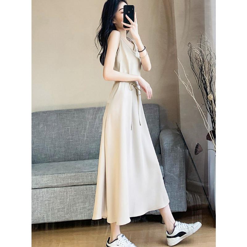 YYFS Women's Fashion Summer Spring Solid Color Print Sleeveless V-Neck High Waist Casual Dresses