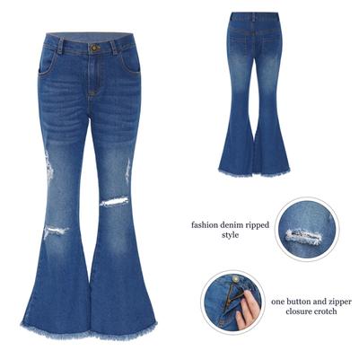 Kids Girls Casual Long Pants Elastic Waistband Burr Hem Ripped  Bell-bottom Denim Pants