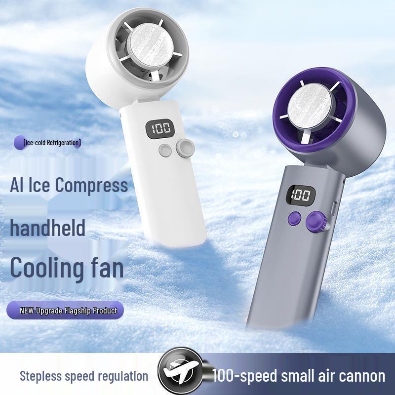 High-Speed Digital Display Handheld Fan with Ice Pack & Turbine White