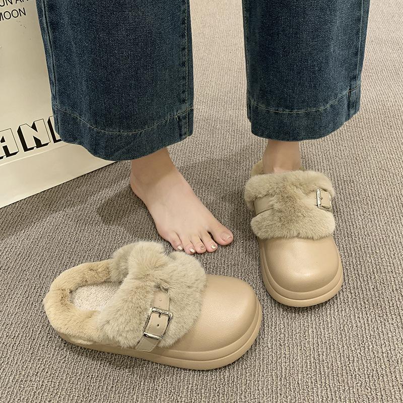 Women's Baotou plush slippers padded warm winter thick bottom heightened home slippers casual walking indoor shoes snow cotton slippers