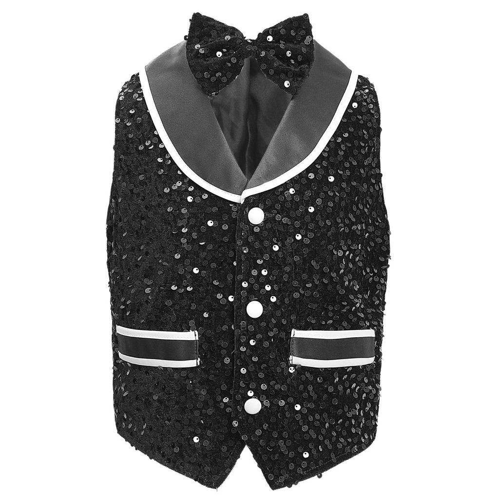 Unisex Kids Metallic Sequins Dance Vest Sparkling Buttons Irregular Hem Waistcoat Bowtie Party Costume