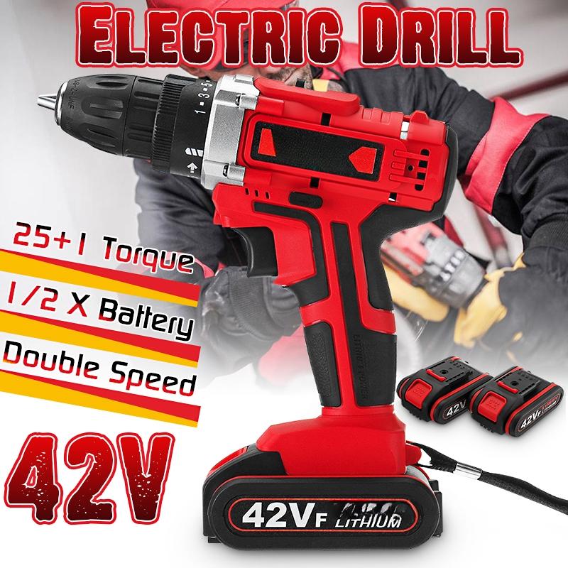

Electric Cordless Drill Screwdriver 25+1 Torque LED Work Light w/ 2 Battery 42V 1X battery