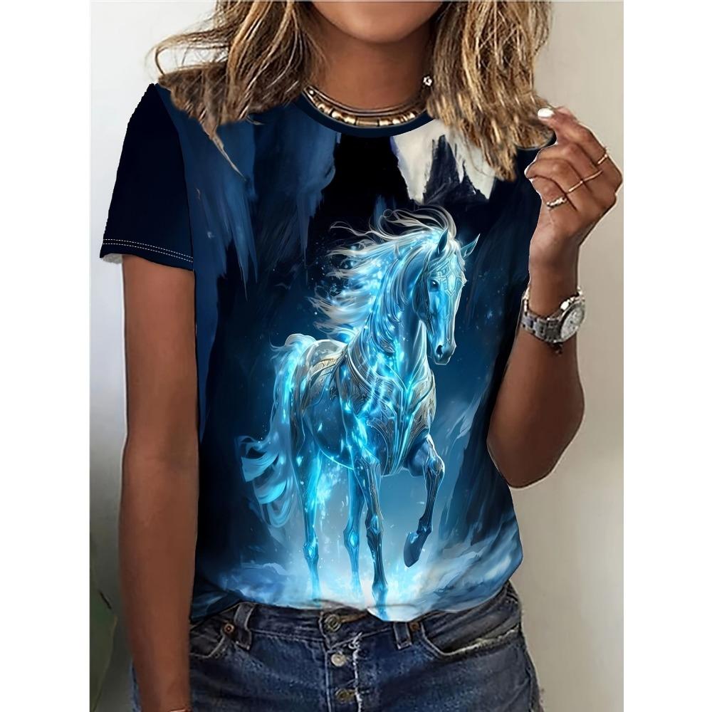 Summer New Horse Animal T-Shirts 3D Print Women's Round Neck Short Sleeve T Shirt Casual Tees Harajuku Tops Female Clothing