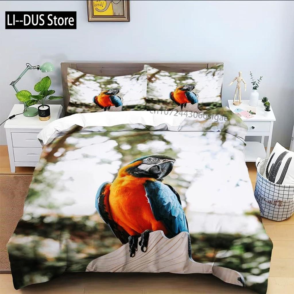 Tropical Comforter Queen Full Size,Parrot Comforter Set,Green Leaves 3pcs Print Duvet Bedding Set 1 Comforter with 2 Pillowcases
