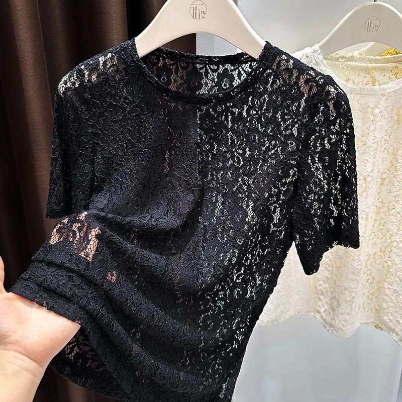 Top Sottogiacca T-shirt da Donna Estiva con Intagli in Pizzo a Maniche Corte