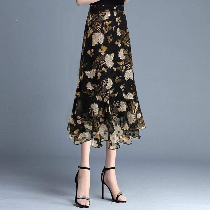 Women's Summer Half Skirt A-line Fishtail Skirt Chiffon Printed Mid Length High Waist Half Skirt
