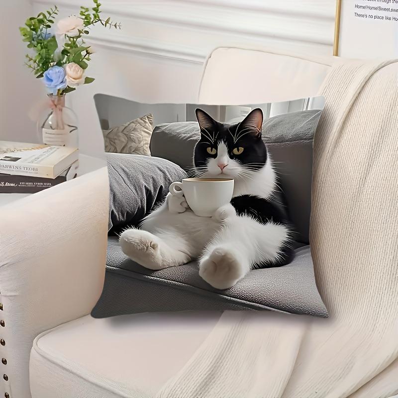 1 Piece Black and White Cat Single-sided Printed Short Plush Pillowcase - Soft Polyester Decorative Pillowcase