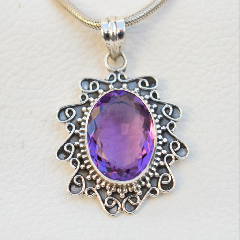 Natural Amethyst Pendant, Oval Designer Pendant, Boho Pendant, Anniversary Pendant, 925 Sterling Silver Handmade Pendant