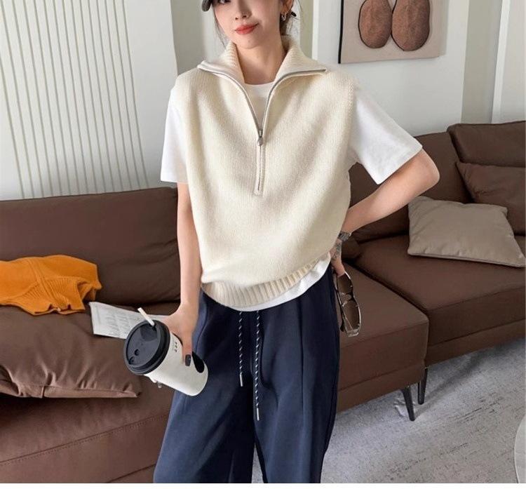 Slack retro half zipper sleeveless knitted vest chic stacked foreign style age-reducing top casual vest