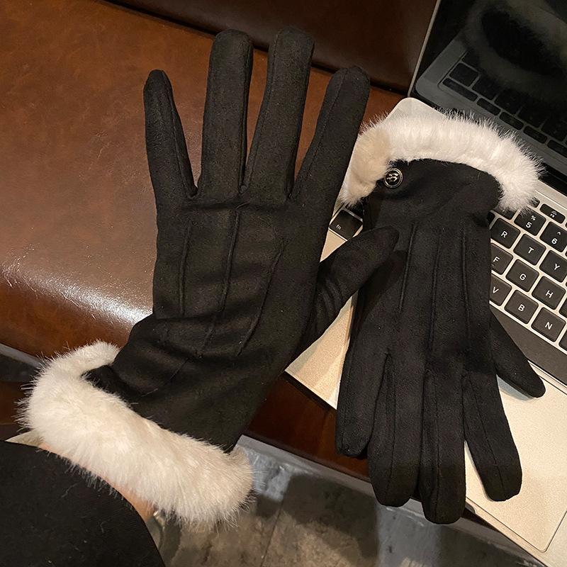 Suede Brown Plush Gloves Women's Autumn and Winter Thickened Plush Warm and Cold Outdoor Riding Gloves