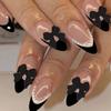 24pcs Black Almond Shaped False Nails, Decorated With 3D Bowknot And Simulation Pearl Press-On Nails, Manicure Supplies