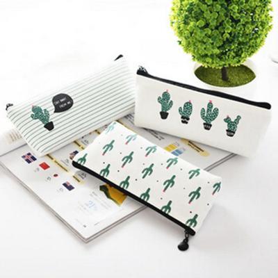 Fashion Portable Student Lovely Pencilcase Cactus Pattern Printed Canvas Pencil Bag