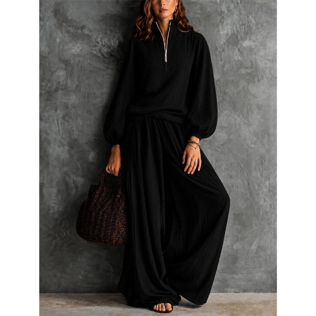 Women Half‑Zip Stand Collar Two‑Piece Outfit Lantern Long‑Sleeve Top + Elastic Waist Wide Leg Pants Loose Casual Co‑Ord Set