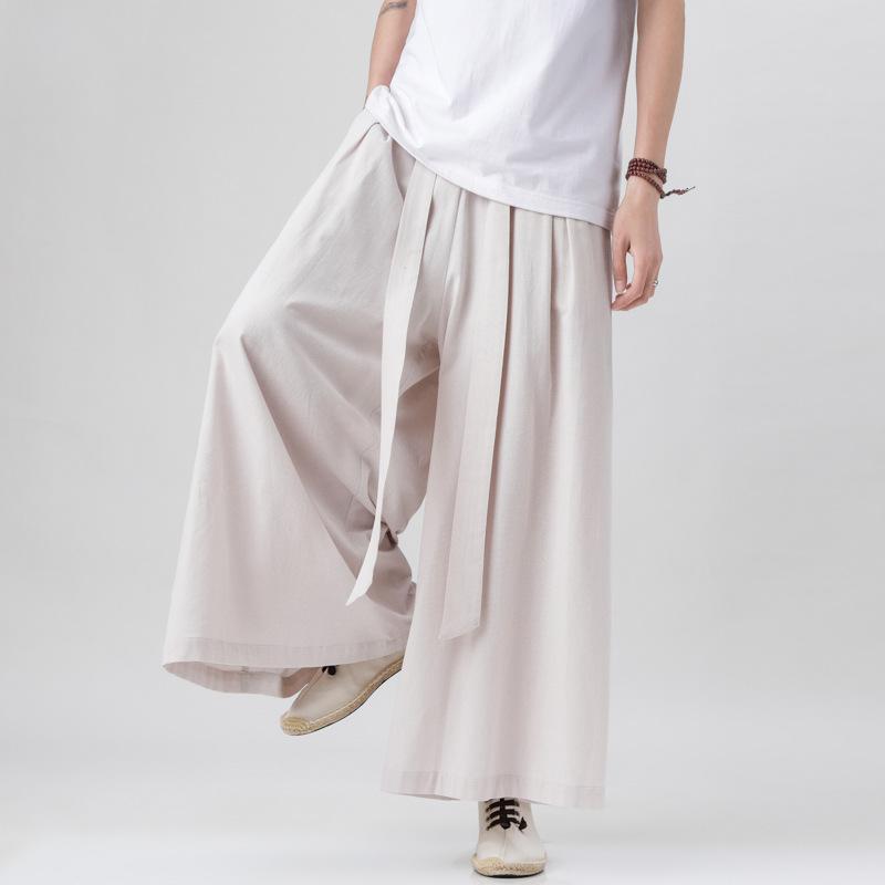 Men's Spring and Summer Solid Color Retro Chinesewide-leg Pants Loose Mid-waist Straight Pants