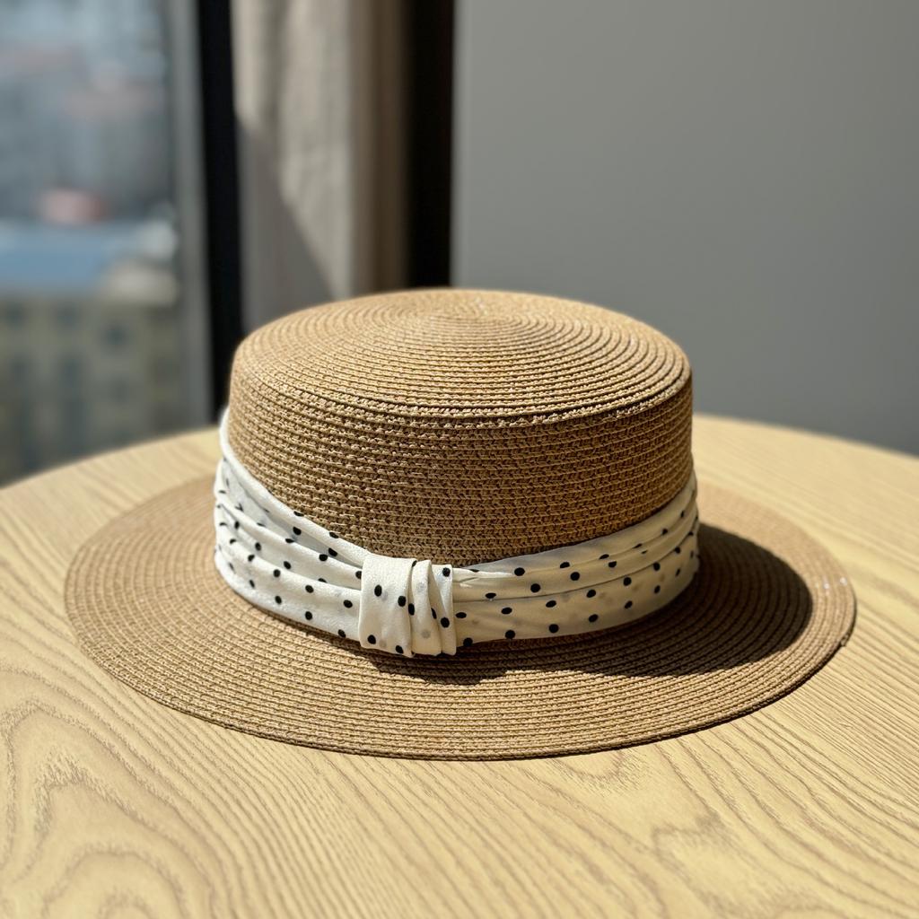 New Polka Dot Bow Flat Top Straw Hat for Women Korean Version Seasonal Seaside Travel and Vacation Beach Hat Trend