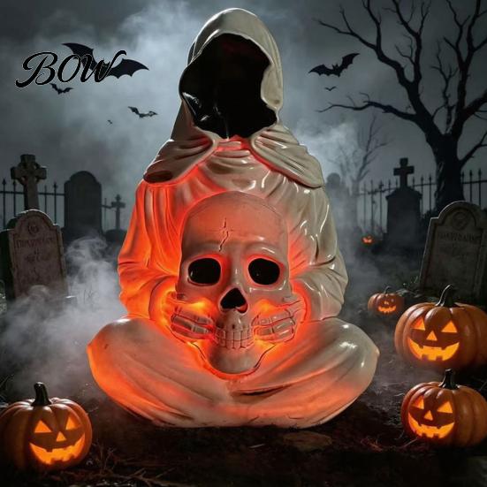 Handcrafted Sculpture for Indoor Tabletop Halloween Skull Light, Spooky Gothic Style Ornament, Waterproof Decorative Unique Goth Light Courtyard