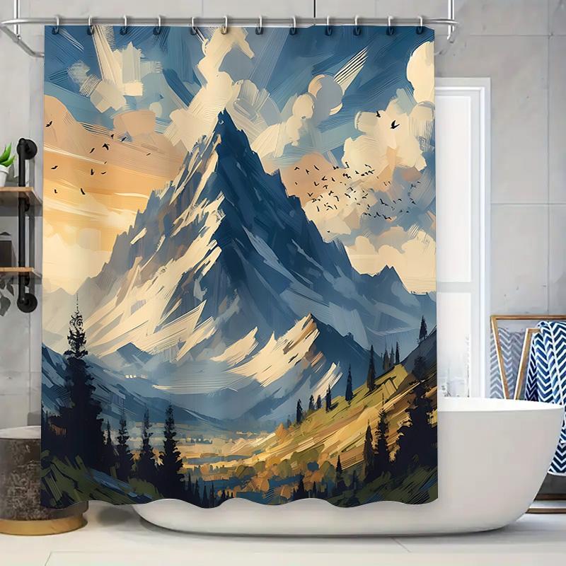 

Impressionist Mountain Landscape Shower Curtain Brushstroke Art With Sky Clouds And Birds Bathroom Decor For Nature Lovers W60H190(CM)-1 Pcs