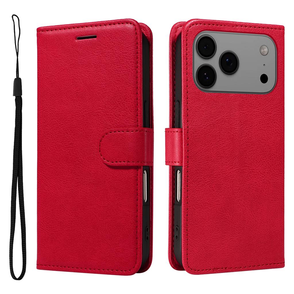 For iPhone 17 Pro Max Leather Wallet Case with Strap Solid Color Phone Stand Cover