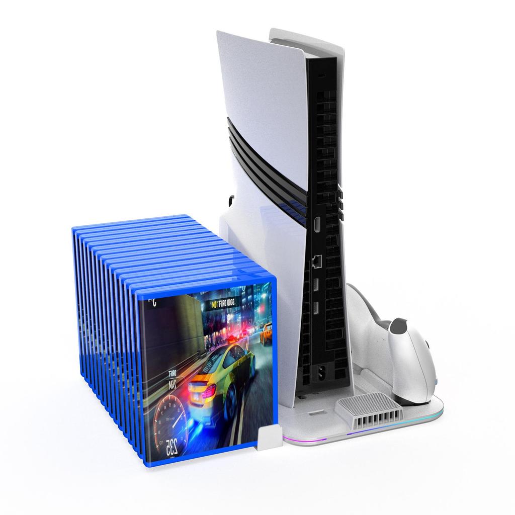 PS5 Pro/Slim Ultra-Thin RGB Cooling Base & Controller Charging Dock with Game Disc Rack