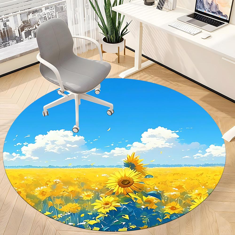 1pc Sunflower Field Office Round Area Rug, Indoor Mat Suitable For Office, Under Office Chairs Bedroom Living Room Home Decor, Room Deco