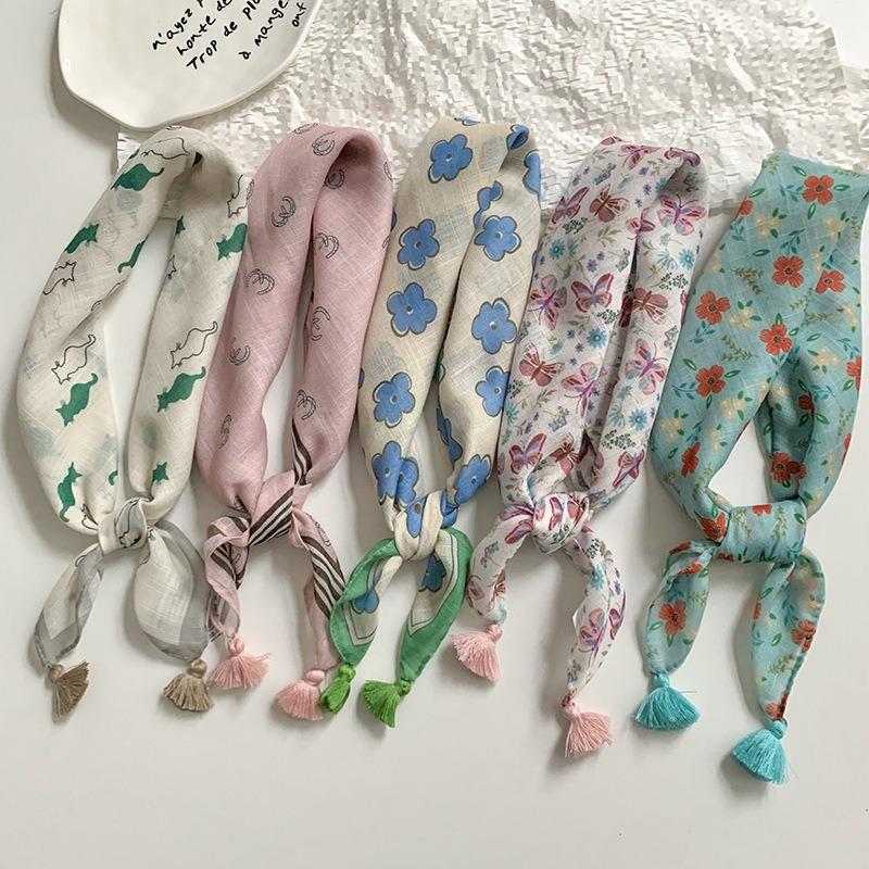 Women's silk scarf square scarf high-end neck protection scarf small fresh decorative floral headscarf hair band fringed hair accessories