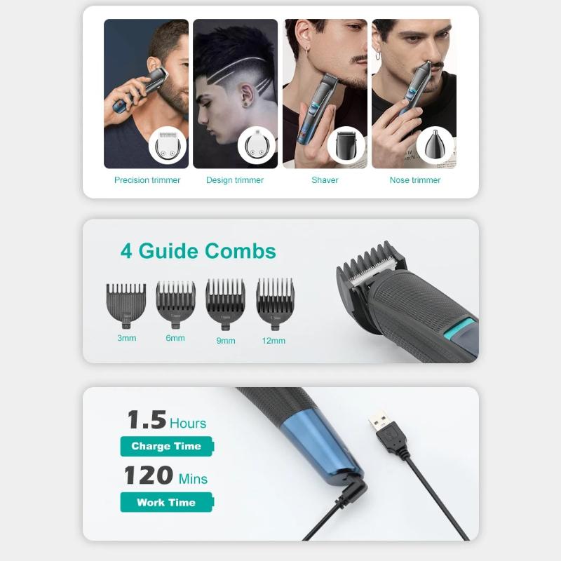 Original VGR 108 Multi-functional Hair Clipper 5-in-1 Rechargeable Shaving Nose Sideburns Electric Trimmer for Men Electric Digital Display LED Shaver