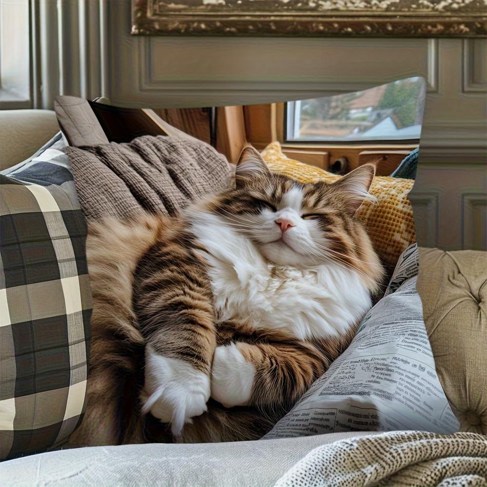 2D flat- Cozy Sleeping Fluffy Tabby Cat Throw Pillow Cover Warm Home Decor Cushion Case for Sofa Bedroom