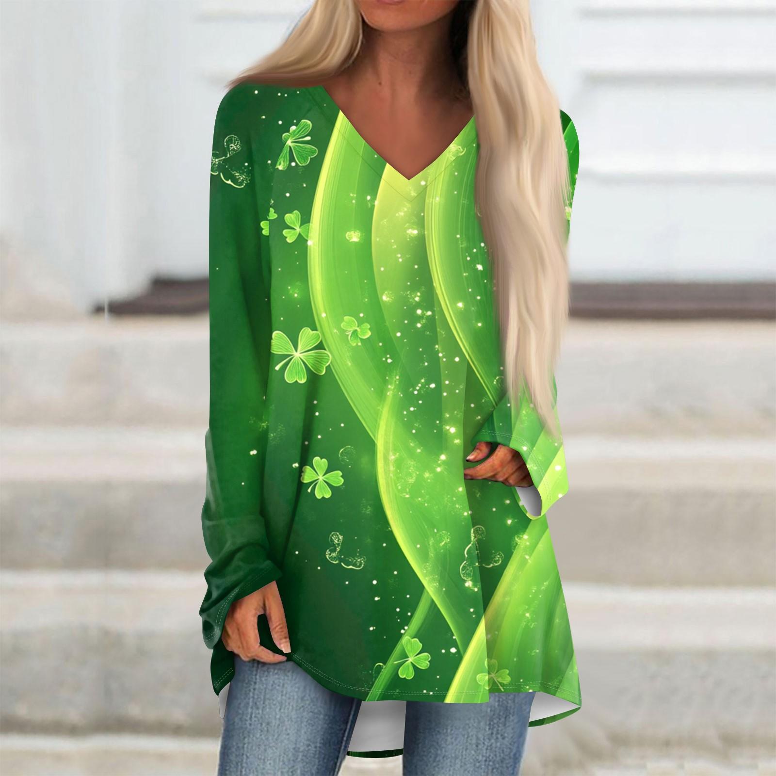 

Женская модная повседневная футболка с принтом, длинный рукав, V-образный вырез, топ средней длины XXL зелёный