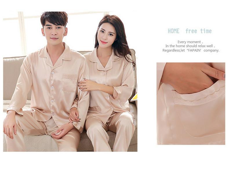 Spring-Summer Silk Couple's Pajama Set: Embroidered Long Sleeve Top & Pants for Men & Women
