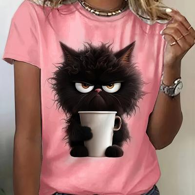 Women's Charming Cat-Themed Crew Neck Tee Casual Short Sleeves Perfect for Spring Summer Breathable